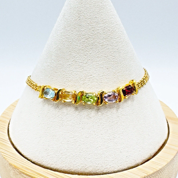 DBJ Jewelry - DBJ Gold Over 925 Sterling Silver Bracelet Multi Gemstone 7.5" Signed Rainbow